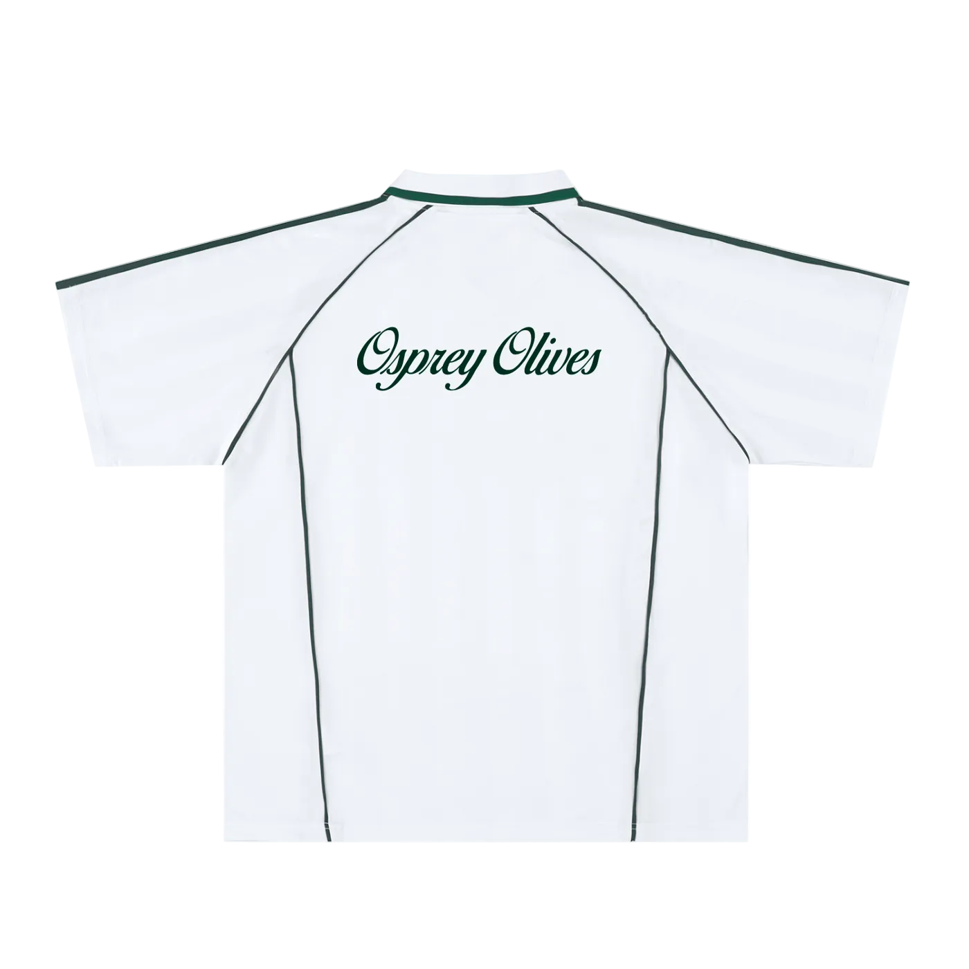 White polo shirt with green accents and 'Osprey Olives' branding on a white background