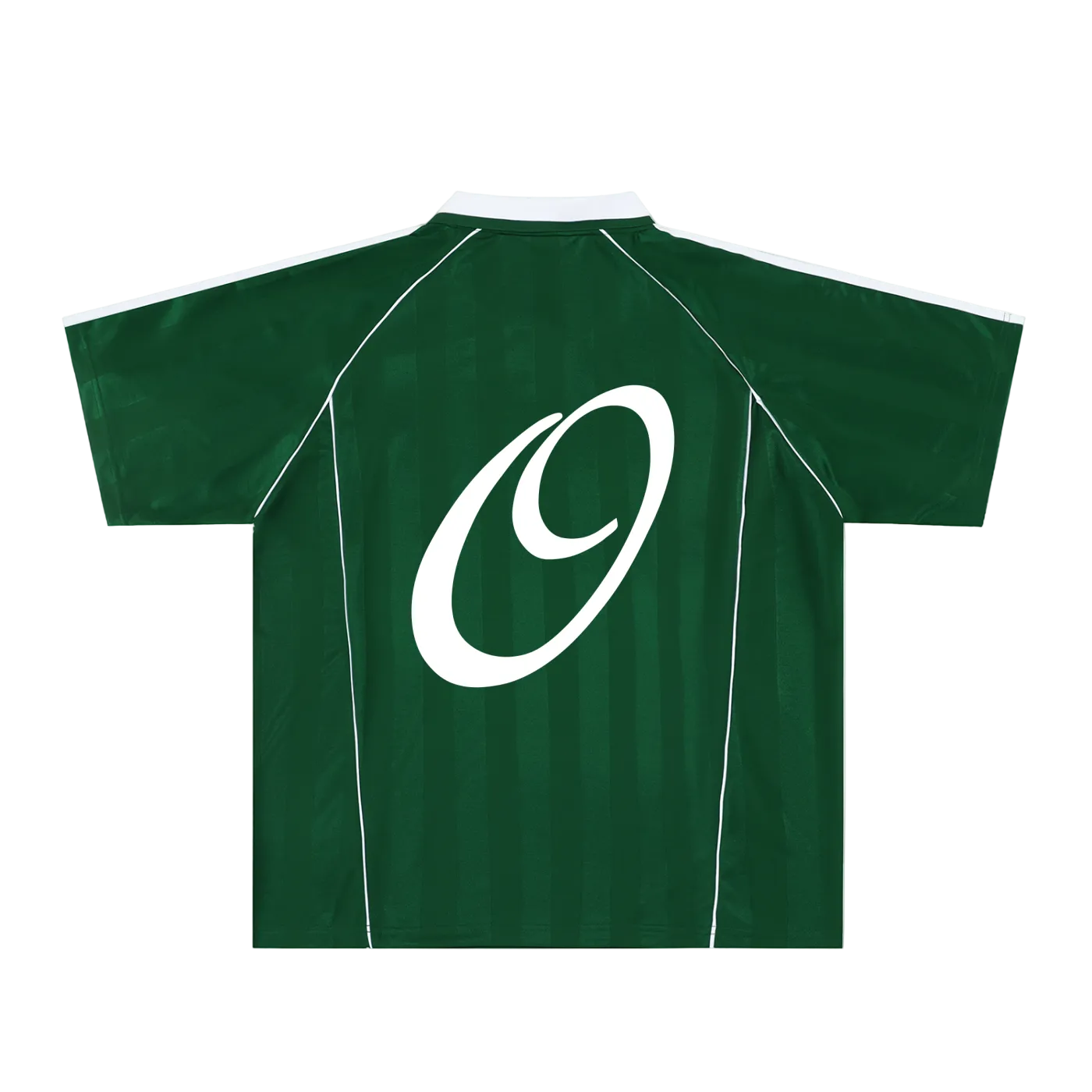 Green sports jersey with a white logo on the back against a white background