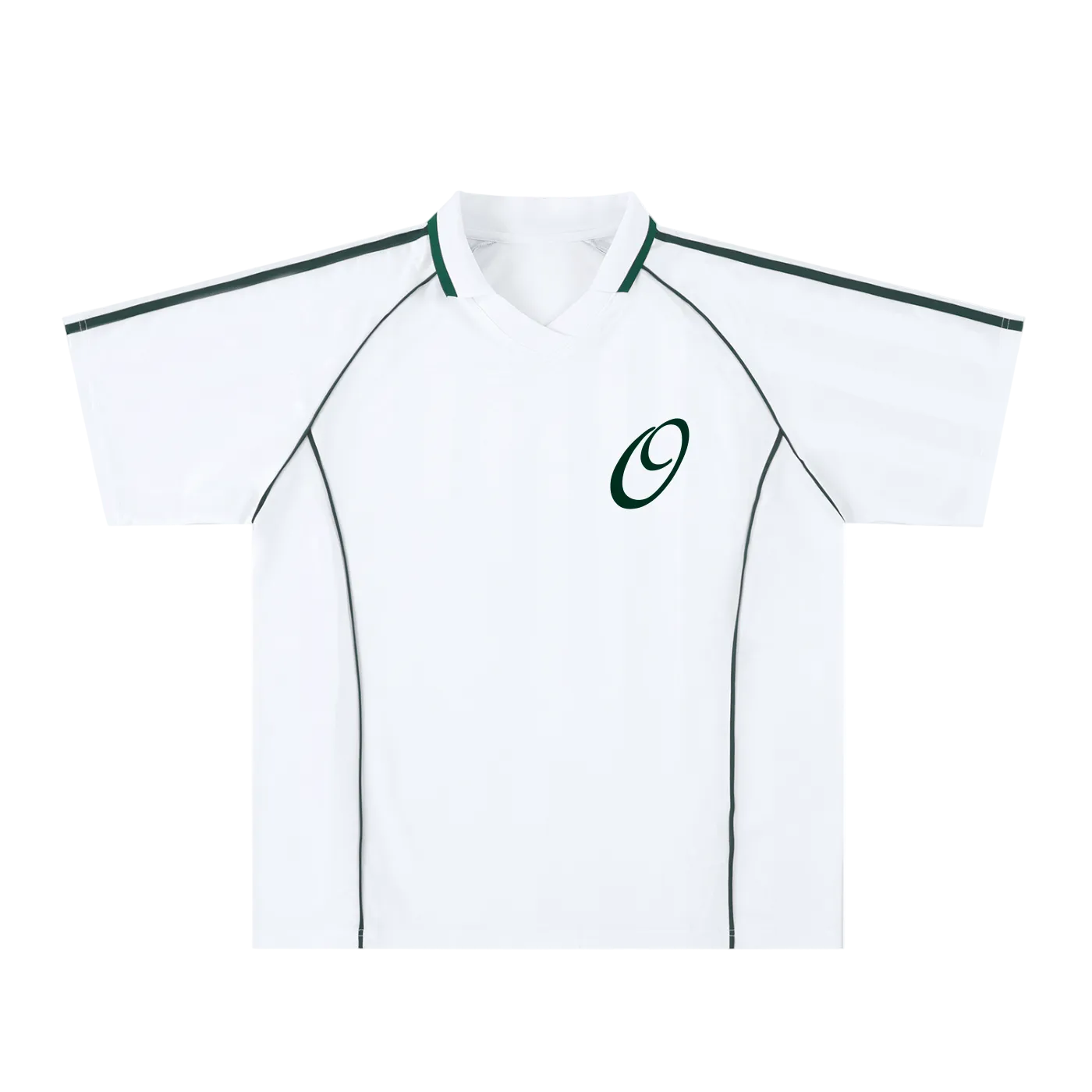 White sports jersey with green accents on a white background