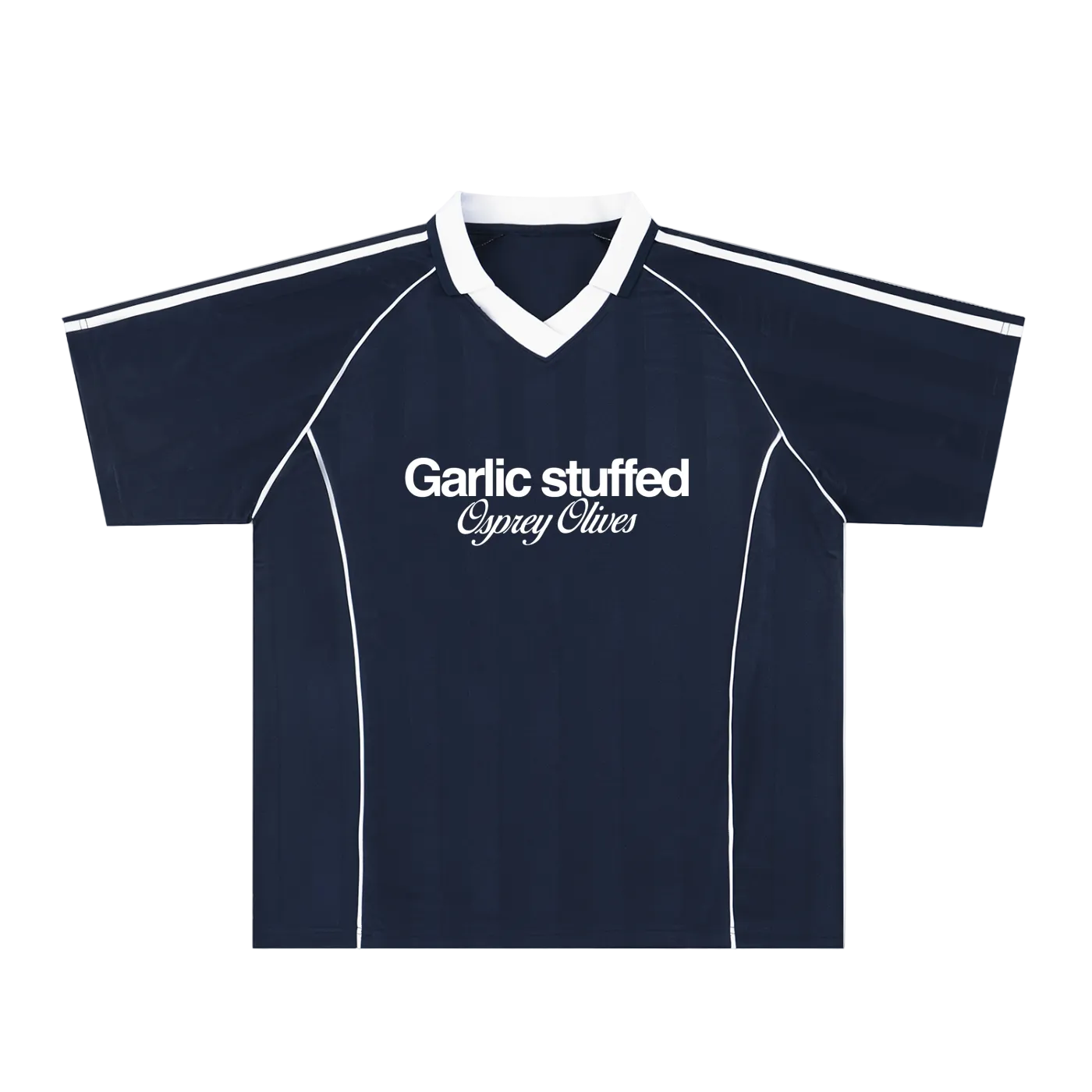 Navy blue sports jersey with white text on a white background