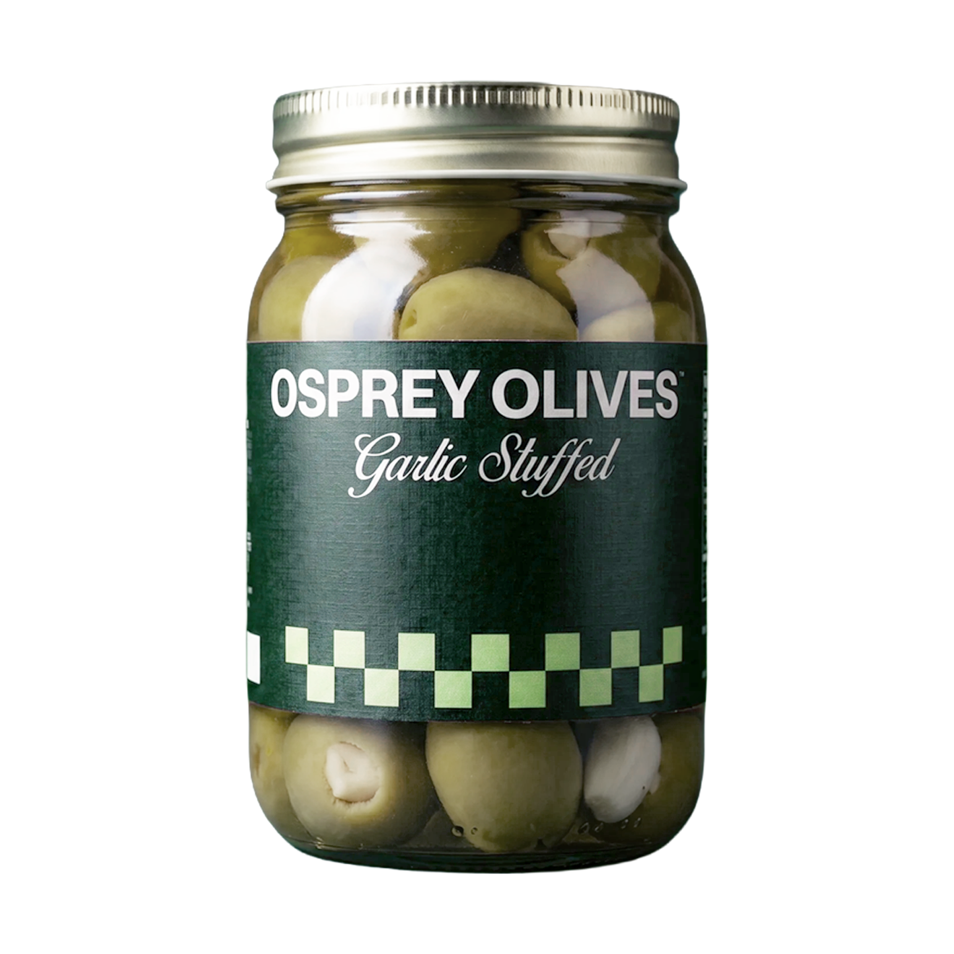 Jar of Osprey Olives Garlic Stuffed on a white background